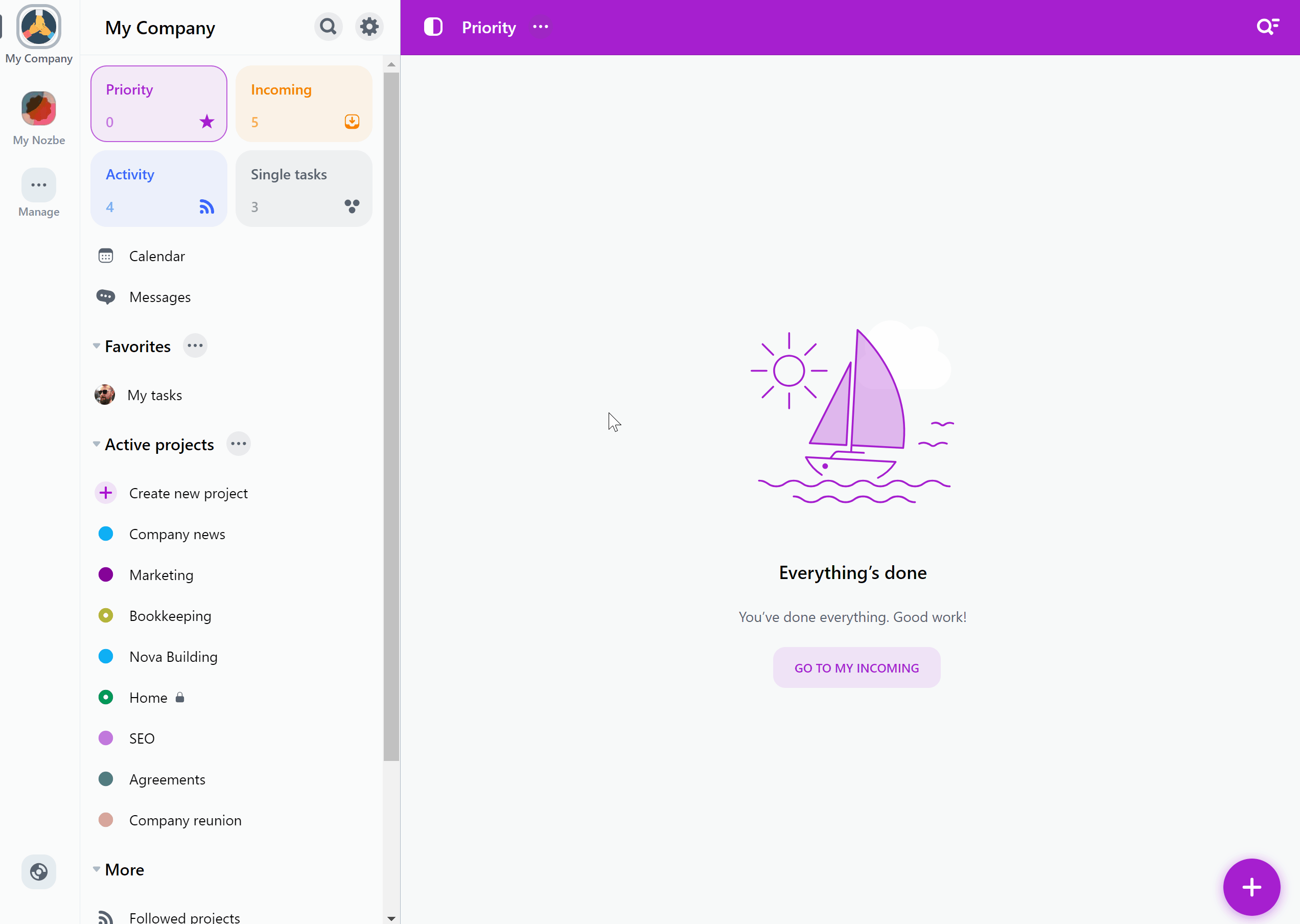 Pinning a project group to the sidebar in Nozbe 